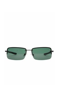 Occhiali da sole rettangolari con lenti verde scuro. Montatura in metallo nero sottile e punte delle aste in plastica trasparente. Design minimalista senza ulteriori decorazioni.