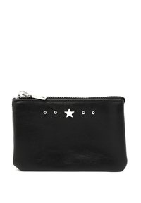 Portafoglio nero in pelle con zip, dalla texture liscia, con un accento a forma di stella argentata e tre piccoli chiodini sul davanti.