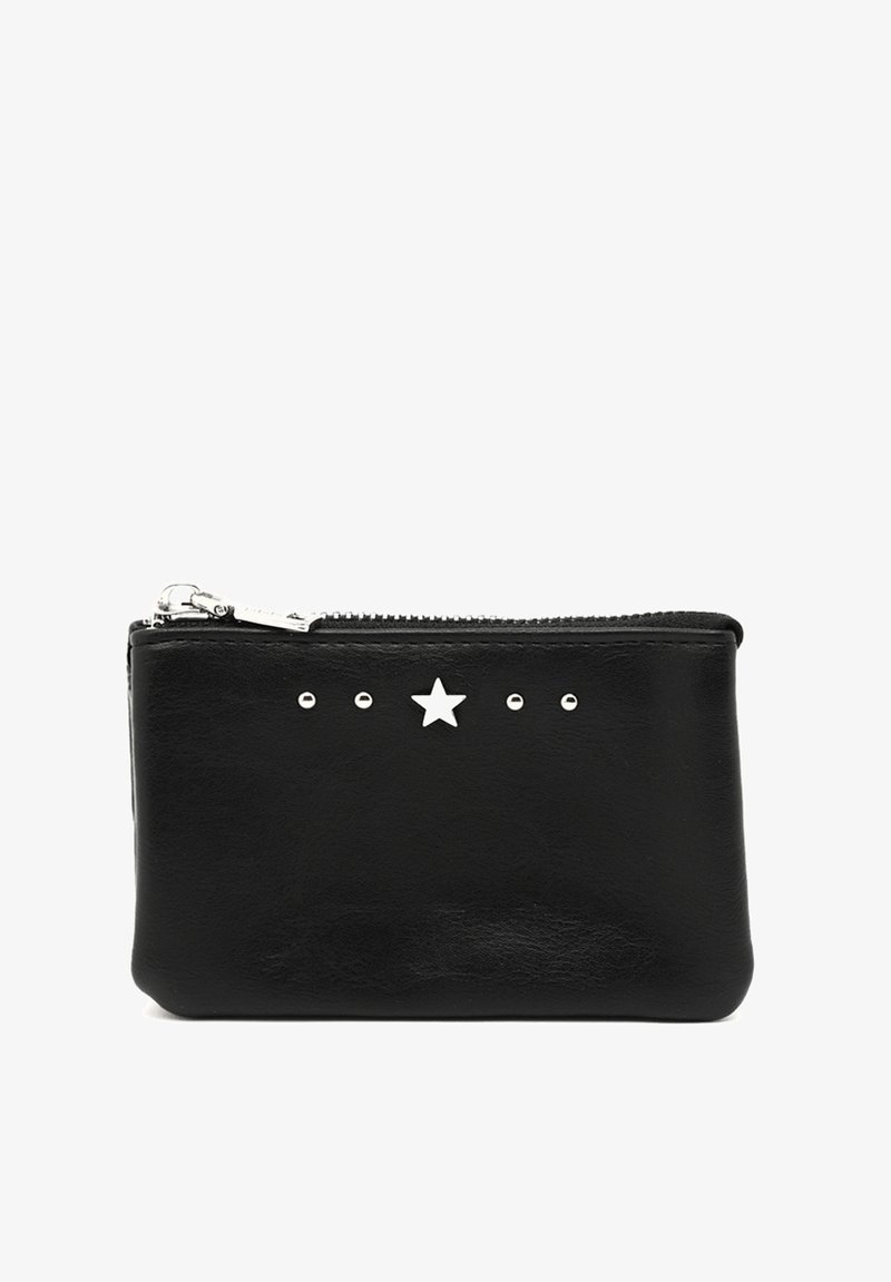 Black leather zippered wallet with a smooth texture, featuring a silver star accent and three small studs on the front.
