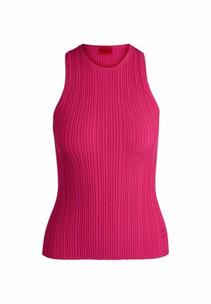 Débardeur ajusté sans manches en tissu tricoté à côtes rose vif. Doté d'un col rond et d'un discret logo le long de l'ourlet.