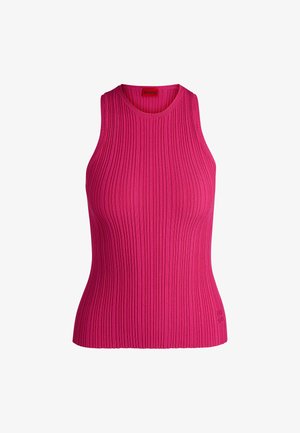 Fitted sleeveless top in bright pink ribbed knit fabric. Features a round neckline and subtle logo detail along the hem.