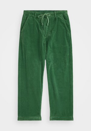 Green corduroy pants with an elastic waistband, drawstring closure, and two side pockets; features vertical ribbed texture.
