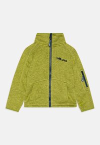 Grüne Fleecejacke mit hohem Kragen, Frontreißverschluss und marineblauen Akzenten. Verfügt über eine Tasche am linken Arm und ein strukturiertes Stoffdesign.