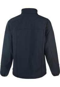 Veste softshell marine avec un col haut, des manches longues, des poignets élastiques et des coutures décoratives au dos. Texture lisse, design léger.