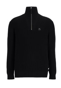 Schwarzer gerippter Strickpullover mit einem halben Reißverschluss am Kragen, ausgestattet mit einem kleinen Logo auf der Brust und seitlichen Schlitzen am Saum für eine lockere Passform.