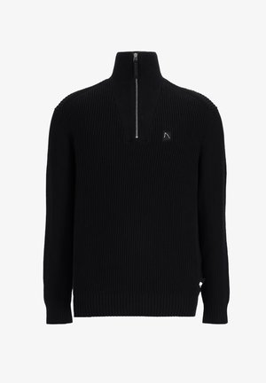 Fekete bordázott kötött pulóver félcipzáros gallérral, kicsi logóval a mellkason és oldalsó hasítékokkal az alján a laza illeszkedés érdekében.