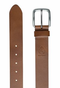 Brauner Leder Gürtel mit flachem Riemen, silberner rechteckiger Schnalle und geprägtem "BLUE PLANET" Logo. Fünf verstellbare Löcher und glatte Textur.