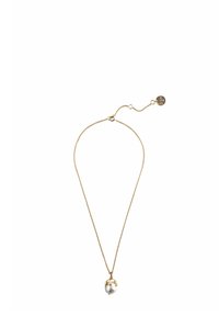 Zelta toņa kaklarota ar smalku ķēdīti un apaļu baltu pērļu kulonu, ar maigiem zelta akcentiem un aizdari garuma regulēšanai.