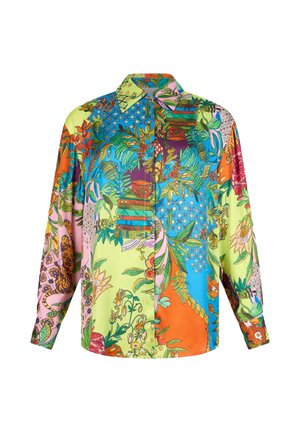 Chemise à manches longues à boutons avec des motifs botaniques, floraux et de tigre vifs en orange vif, bleu, vert et rose.