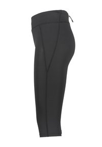 Schwarze Leggings mit eng anliegendem Design, aus dehnbarem Stoff gefertigt, mit flachen Nähten und einer verdeckten Reißverschlusstasche auf der Rückseite.
