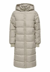 Lichtbeige donsjas met capuchon, voorzien van een volledige ritssluiting aan de voorkant, geribbelde manchetten en zijzakken. Het ontwerp heeft horizontale stiksels.