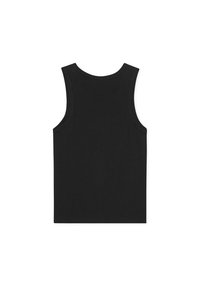 Μαύρο αμάνικο τοπ από ριμπ ύφασμα, με στρογγυλή λαιμόκοψη και σχεδίαση χωρίς μανίκια, με εφαρμοστό κόψιμο και χωρίς ορατά λογότυπα.