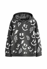 Grey hoodie with white graphic patterns including smiles, lightning bolts, and text. Features a front pocket and a lined hood.