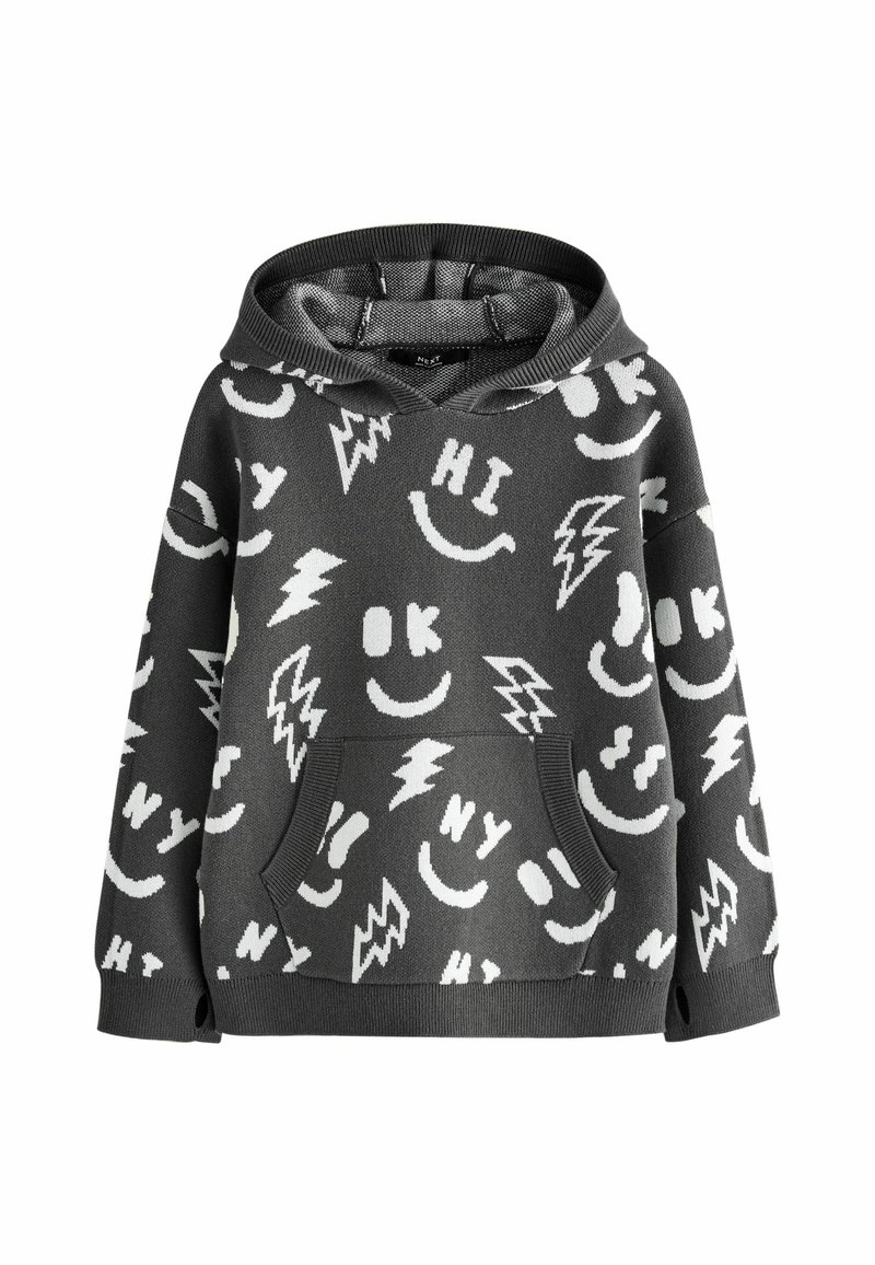 Grey hoodie with white graphic patterns including smiles, lightning bolts, and text. Features a front pocket and a lined hood.