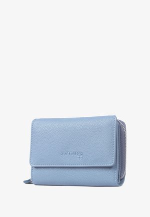 Light blue leather wallet with a textured surface, fold-over flap, zippered compartment, and embossed logo on the front.