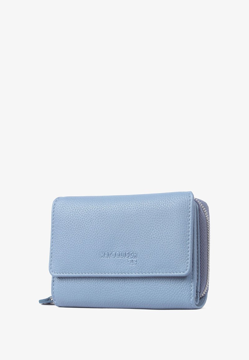 Light blue leather wallet with a textured surface, fold-over flap, zippered compartment, and embossed logo on the front.
