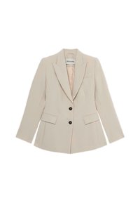 Beige op maat gemaakte blazer met twee zwarte knopen, reverskraag en zijzakken. Glad materiaal met een gestructureerde silhouet en minimale details.