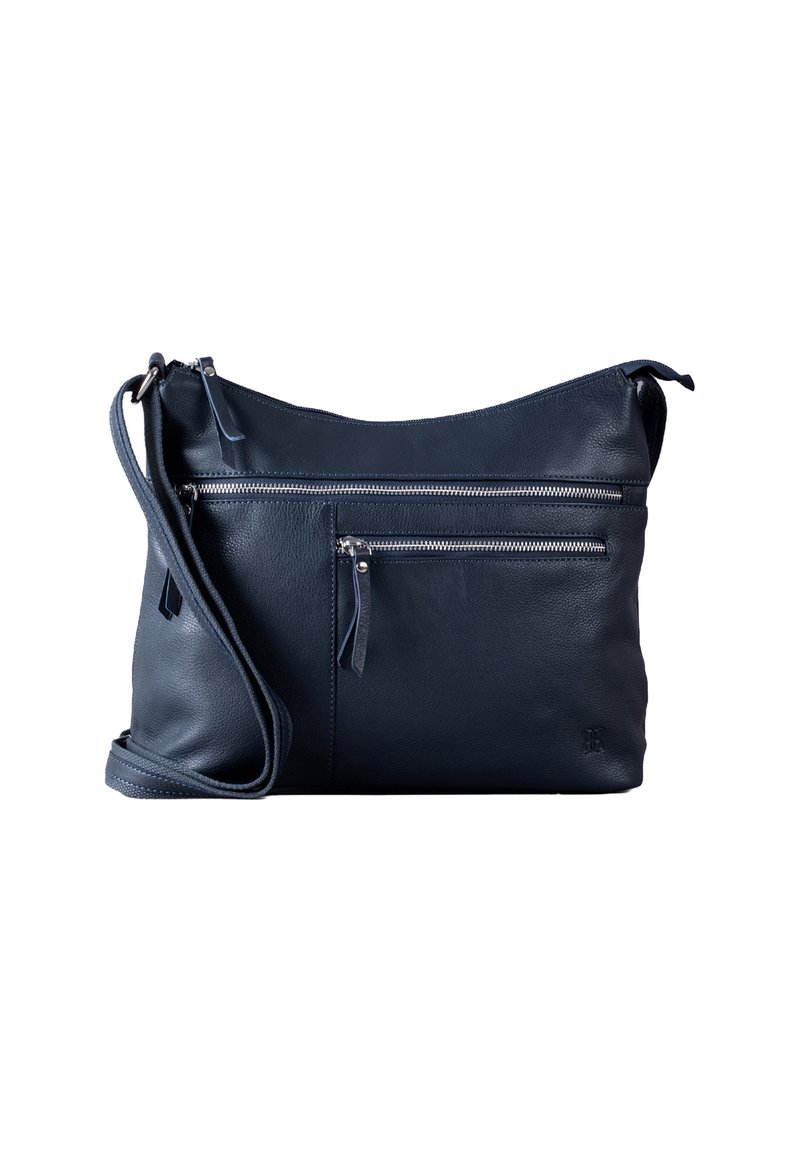 Navy leather crossbody bag with a zippered front pocket, adjustable strap, and smooth texture. Features metal hardware and logo accent.