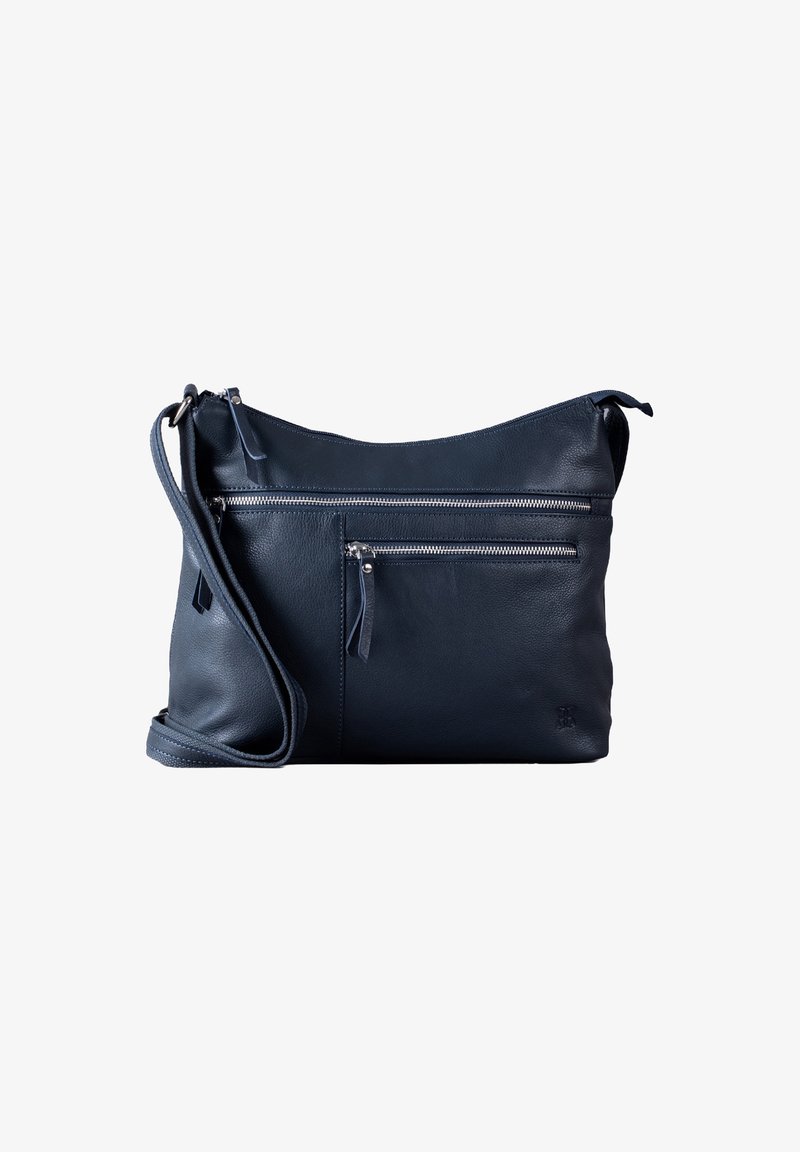 Navy leather crossbody bag with a zippered front pocket, adjustable strap, and smooth texture. Features metal hardware and logo accent.
