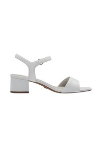 Vita läder sandaler med blockklack, öppen tå, justerbar ankelrem och mjukt innerfoder. Fyrkantigt klackdesign.