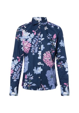Navy floral long-sleeve shirt featuring large pink and light blue flowers, white buttons, a pointed collar, and a straight hem.