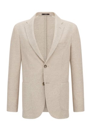Blazer beige con revers a punta, due tasche frontali e chiusura a due bottoni. Realizzato in tessuto testurizzato, presenta un sottile motivo tessuto.