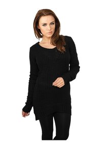 Pull noir en tricot avec une coupe ample, présentant un ourlet côtelé et des manches longues, affichant un design ajouré texturé.