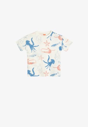 Korte mouwen kinder t-shirt in crème, met blauw patroon van octopus, garnalen, vissen en sterren. Gemaakt van zacht katoen.
