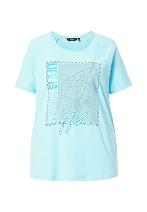 Jasnoniebieska koszulka z krótkim rękawem z ilustracjami muszelek, ozdobioną ramką i napisem „LIFE IS LOVELY offline” z przodu.