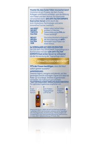 Nivea Q10 Anti-Falten-Serum Verpackung. Rechteckige Box, hauptsächlich silber mit blauen und orangen Texten. Enthält Produktbilder und Anweisungen.