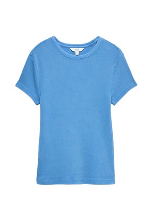 Niebieski, krótkorękawowy T-shirt z dzianiny waflowej z okrągłym dekoltem i widoczną metką M&S na białym tle.