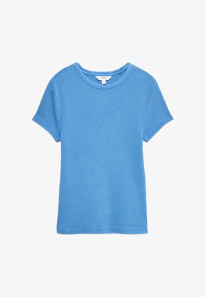 T-shirt bleu à manches courtes en maille gaufrée avec col rond et étiquette M&S visible sur fond blanc.
