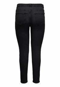 Črne skinny jeans z visokim pasom, petimi žepi in gladkim denim materialom. Vključujejo standardno šivanje in čist zaključek na robovih.