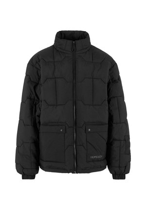 Svart dunjakke med høy krage, glidelåslukking, to lommer foran med trykknapper, quiltet design og ribbestrikkede mansjetter. Har "HOMEBY"-logo.