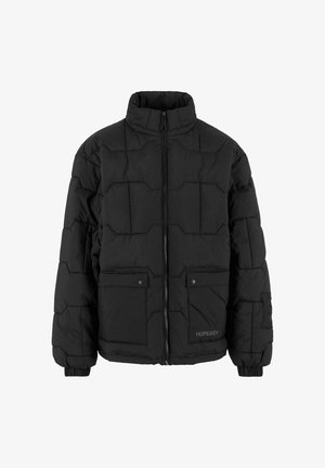 Svart dunjakke med høy krage, glidelåslukking, to lommer foran med trykknapper, quiltet design og ribbestrikkede mansjetter. Har "HOMEBY"-logo.