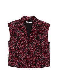 Fekete virágmintás mellény élénk rózsaszín virágokkal, ujjatlan kialakítással, nyitott elülső résszel és sima textúrával. Tökéletes rétegezett öltözékekhez.