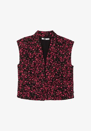Black floral vest featuring vibrant pink flowers, sleeveless design, open front, and a smooth texture. Ideal for layered outfits.