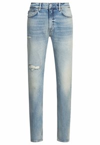 Jeans de mezclilla azul claro avec un acabado desgastado, detalle de rodilla rasgada, corte recto y estilo de cinco bolsillos. Incluye presillas para el cinturón clásicas.