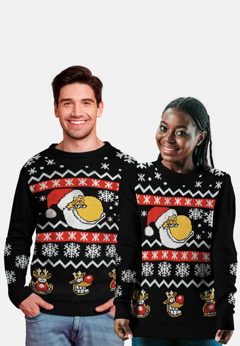 Strickweihnachtspullover in Schwarz mit roten und weißen Mustern. Die Designs zeigen das Gesicht des Weihnachtsmanns und Rentiere mit verspielten Ausdrücken.