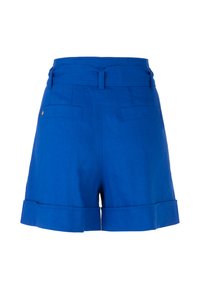 Blaue Leinen-Shorts mit hoher Taille, umgeschlagenem Saum und zwei Gesäßtaschen. Verfügt über einen Gürtelschlaufen am Bund und eine glatte Textur.