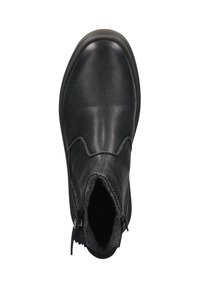 Schwarze Leder-Stiefelette mit abgerundetem Zeh, seitlichem Reißverschluss und weicher Innensch lining, von oben auf einem weißen Hintergrund betrachtet.