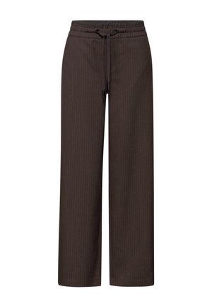 Bruine gestreepte broek met een elastische tailleband, trekkoordsluiting en een brede pijpdesign. Gemaakt van zachte, ademende stof.