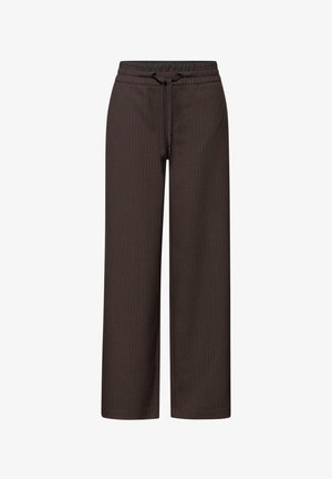 Bruine gestreepte broek met een elastische tailleband, trekkoordsluiting en een brede pijpdesign. Gemaakt van zachte, ademende stof.