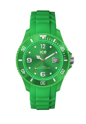 Orologio Ice Watch verde con numeri argentati, lunetta girevole, display della data e cinturino in silicone che mostra l'ora 2:08:49.