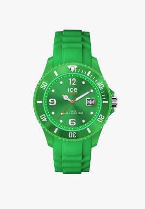 Zelené hodinky Ice Watch so striebornými číslami, otočným rámčekom, zobrazením dátumu a silikónovým remienkom ukazujúce čas 2:08:49.