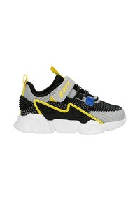 Czarno-szare siateczkowe sneakersy z białą podeszwą, żółtymi akcentami i rzepem. Posiadają zaokrąglony język i teksturowane boki.