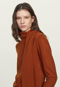 Junge Frau mit welligem braunem Haar, die einen rostfarbigen Rollkragenpullover und einen passenden Schal trägt, der über eine Schulter hängt, vor einem schlichten Hintergrund.