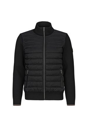 Schwarze gesteppte Jacke mit gepolsterter Vorderseite, durchgehendem Reißverschluss, geripptem Stehkragen und langen Ärmeln mit seitlichen Reißverschlusstaschen.