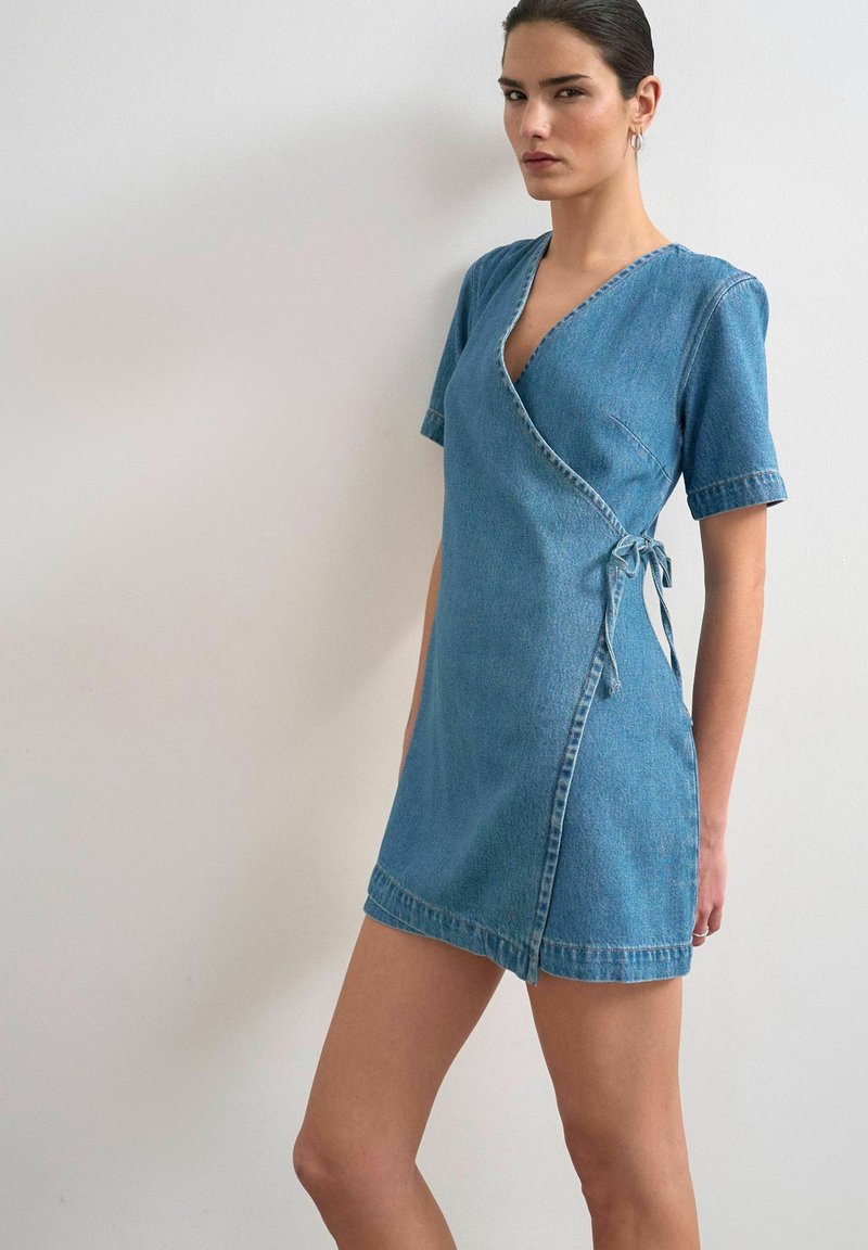 topshop denim midi dress Topshop denim dropped waist seamed midi dress in bleach