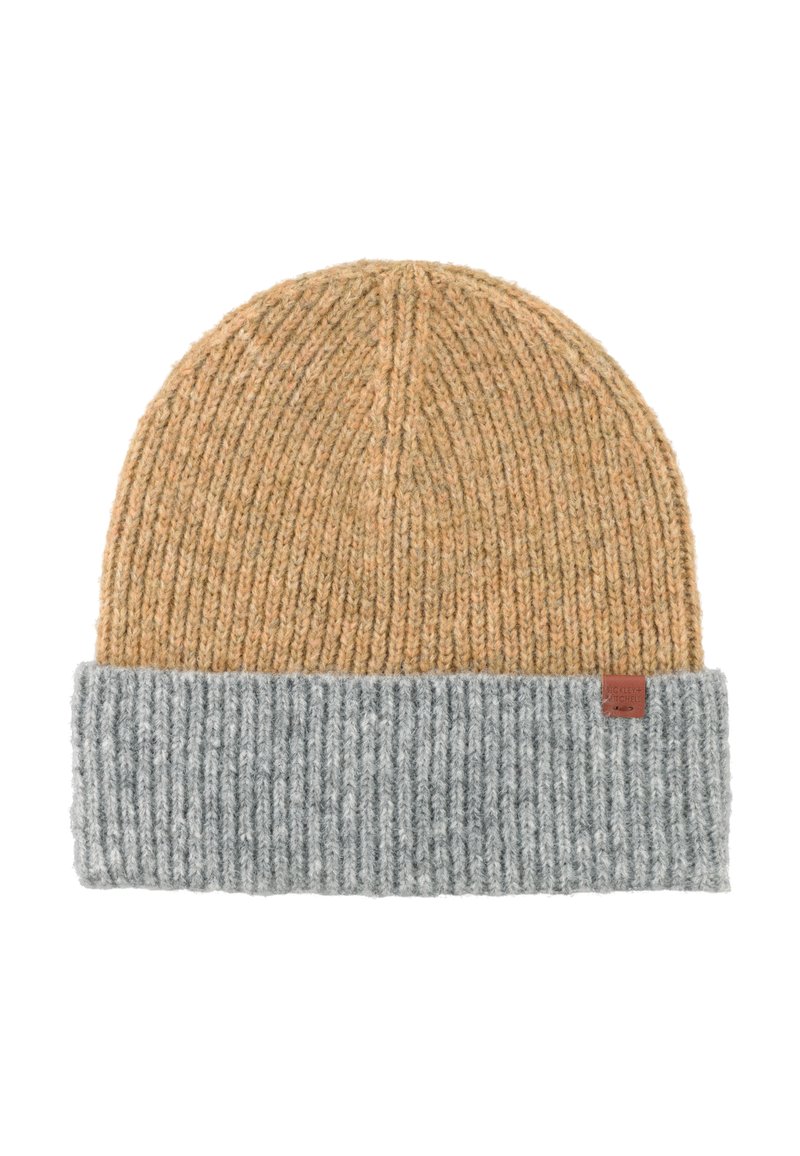 Wełniana czapka w kolorze brązowym i szarym, z prążkowaną teksturą, złożonym mankietem i małą skórzaną naszywką z logo po boku.